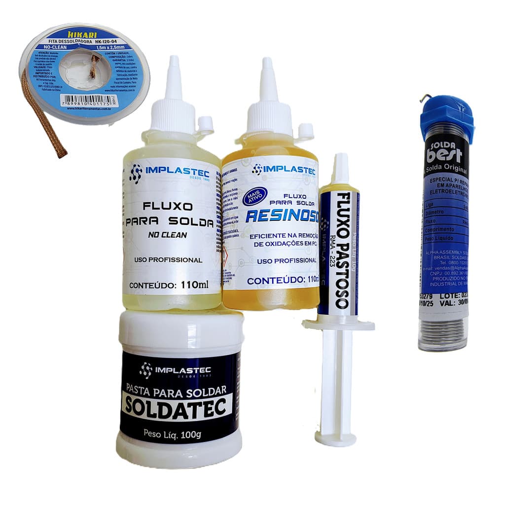 Kit Solda Profissional 6 Itens Fluxo No Clean Resinoso Pasta Soldatec Fita Dessoldadora Arame Solda