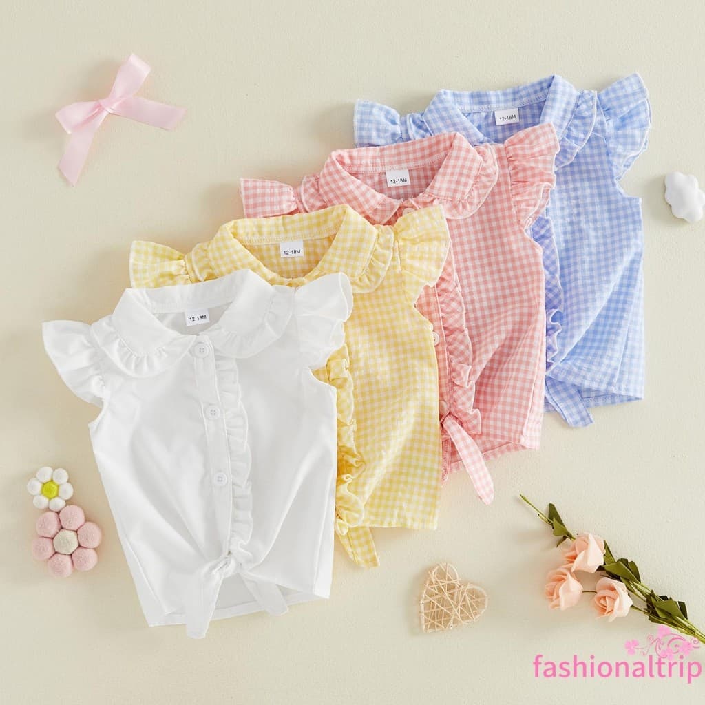 [FaSh] Camisas Para Bebês Meninas Verão Linda Xadrez/Cor Sólida Manga Voadora Com Botões
