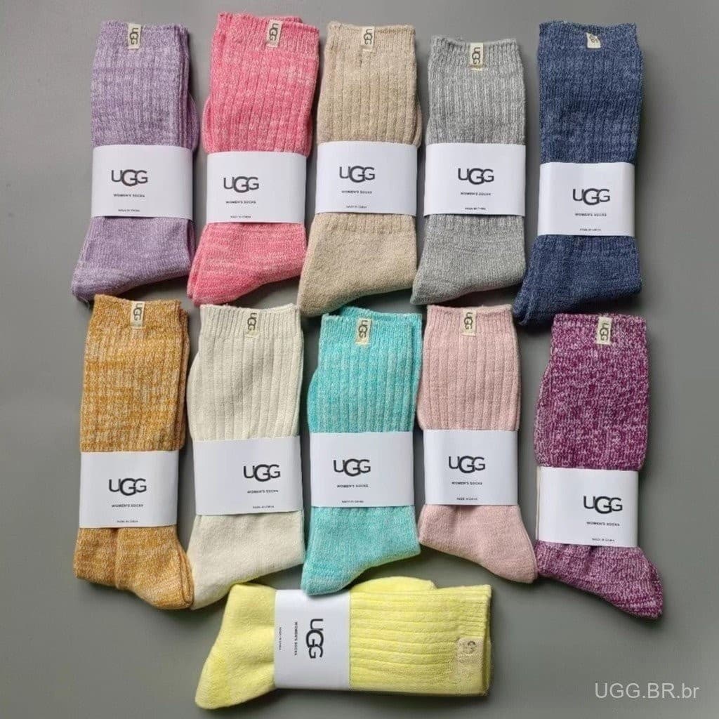 Meias UGG Femininas com Etiqueta de Tecido, Meias de Cor Sólida, Meias Casuais Quentes para Outono e Inverno, Femi