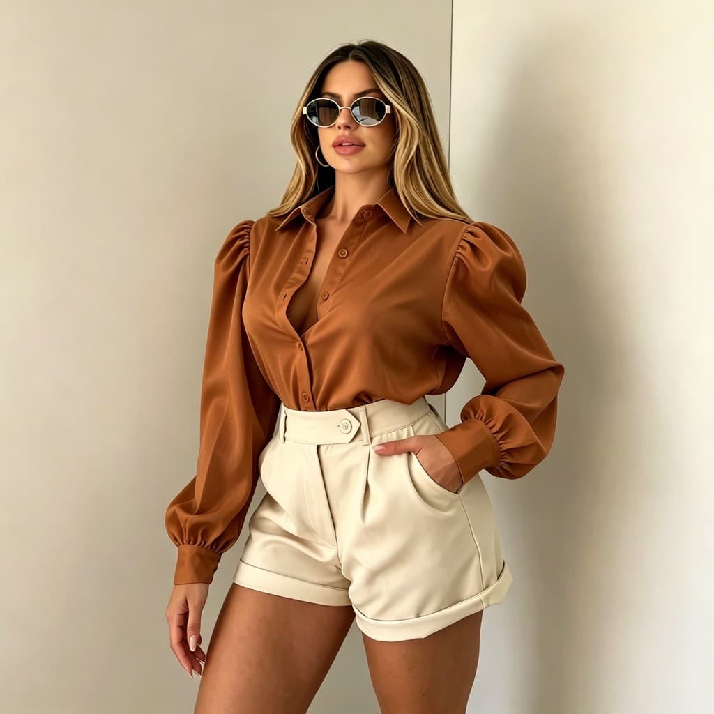 Camisa Feminina com Manga Bufante e Punho Elástico para Encontros e Passeios 001183