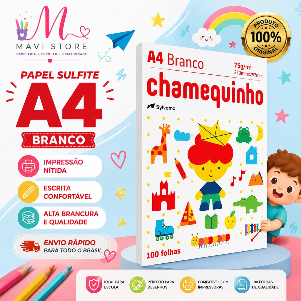 Papel A4 kit 1, 2, 3 Chamequinho Chamex 100 Folhas Branco Escolar