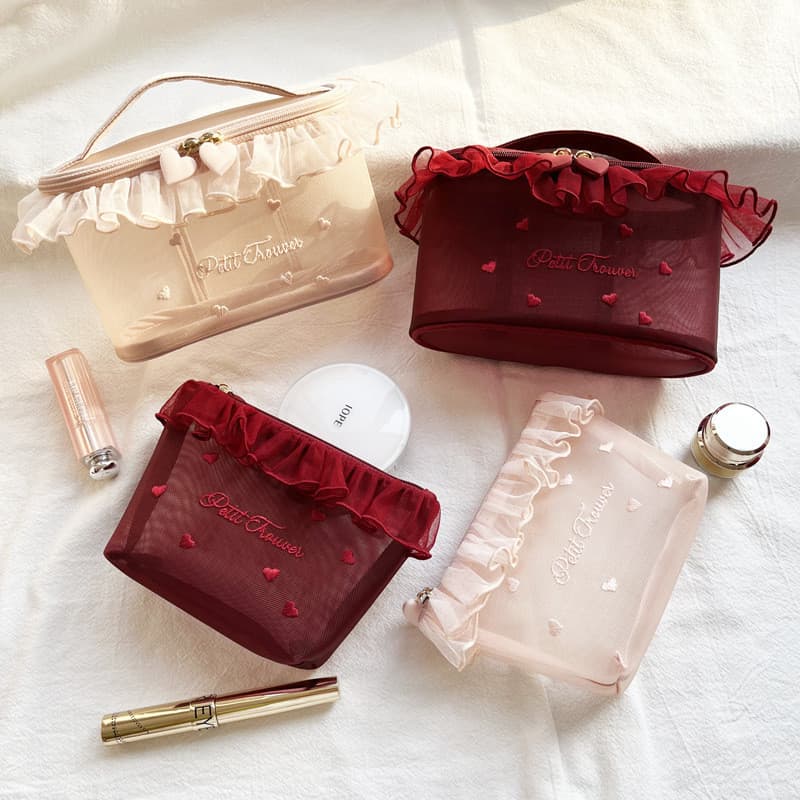 petit trouver Bolsa de Maquiagem em Tela com Bordado de Coração, Bolsa de Renda, Bolsa de Lenços Fofa, Bolsa de Armazena