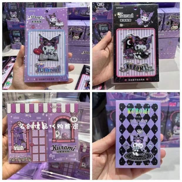 MINISO Kuromi Party Game Jogando Cartas Adesivos Decorativos Cena de Desenho Animado Post-it Notas Saco de Presente