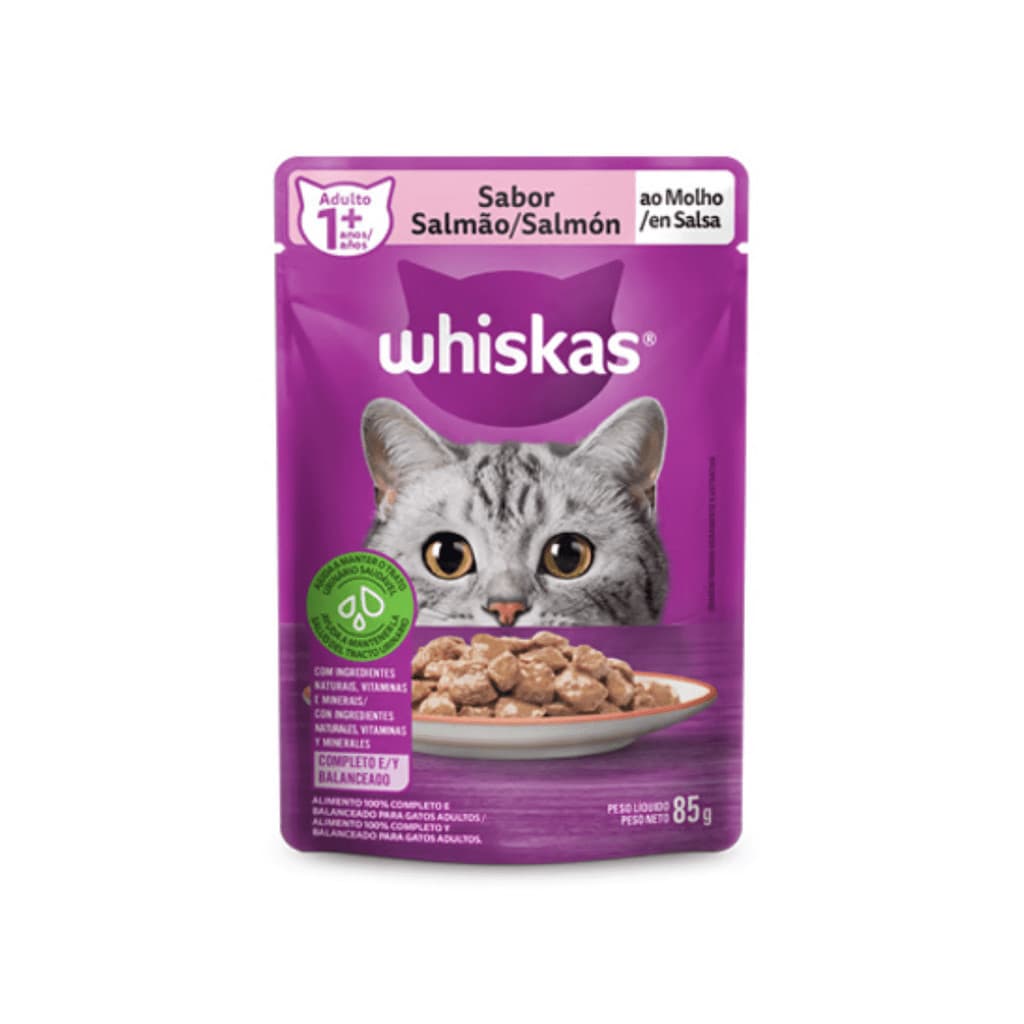 Ração Úmida Whiskas Sachê para Gatos Adultos sabor Salmão 85g