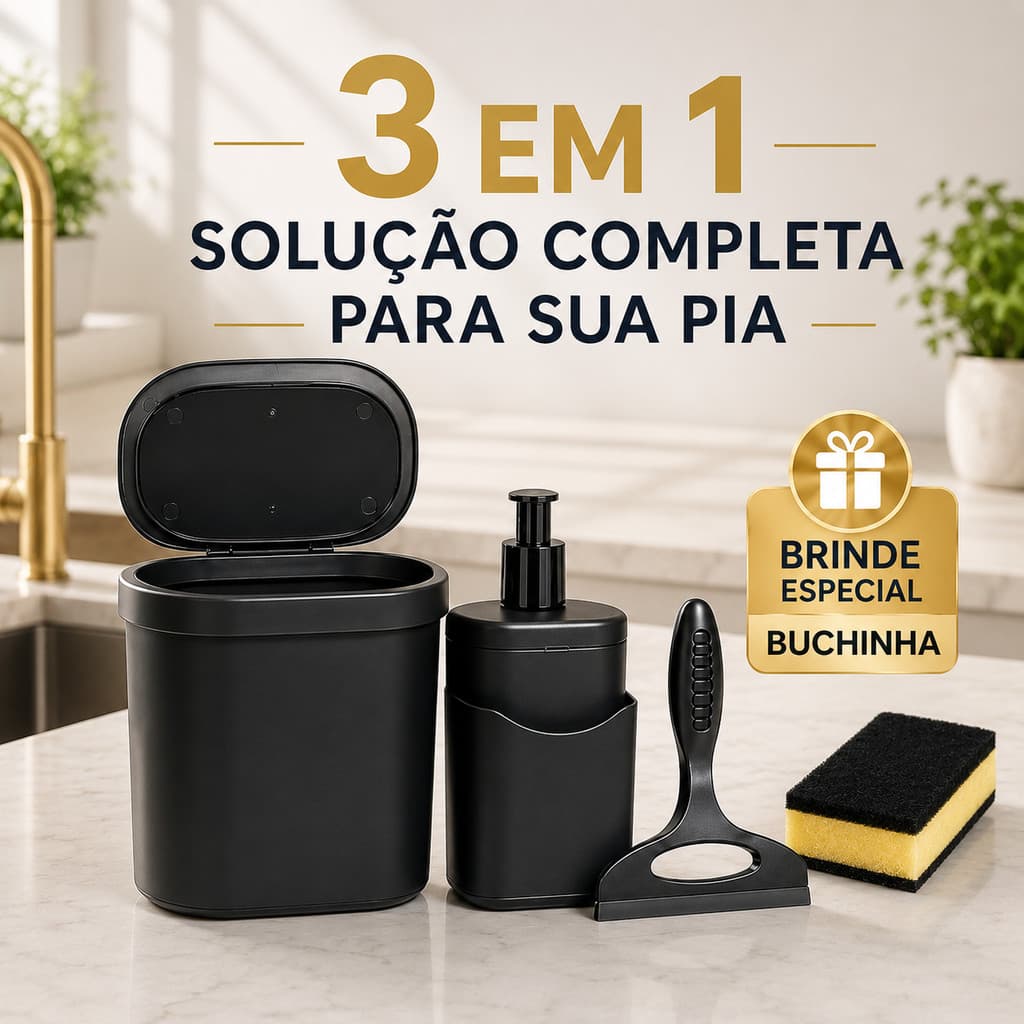 Kit Pia Cozinha Compacto: Lixeira 3,5L + Dispenser e Porta-Detergente — Organização e Praticidade