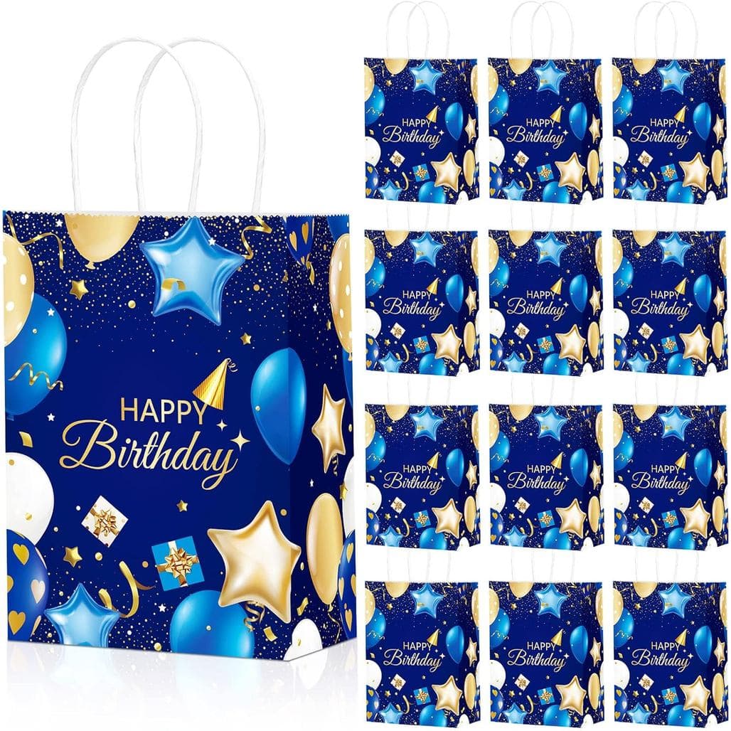 Frienda 24 Pcs Birthday Gift Bags with Handles Navy Blue and Gold Party Goodie Happy Birthday Favor Bags for Men Women P