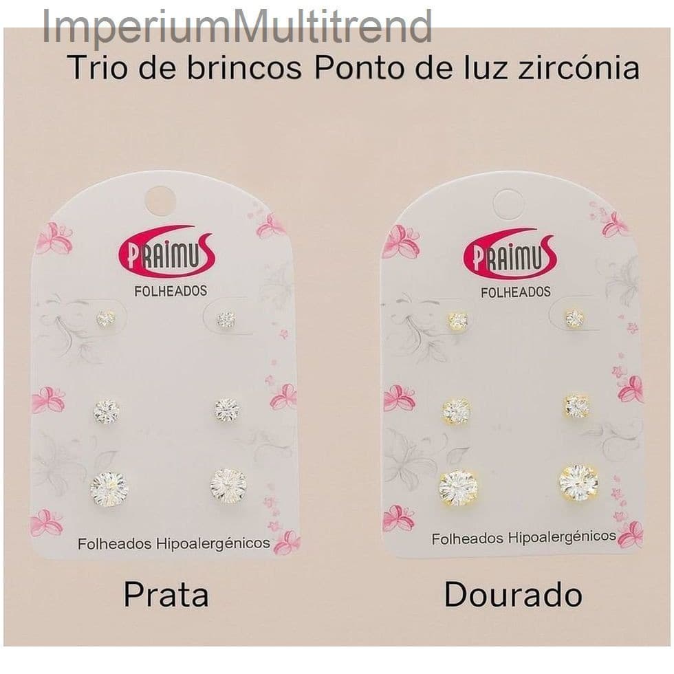 (V)Trio de Brincos Ponto de Luz Zircônia – Folheados Hipoalergênicos (Prata e Dourado)P7IQ