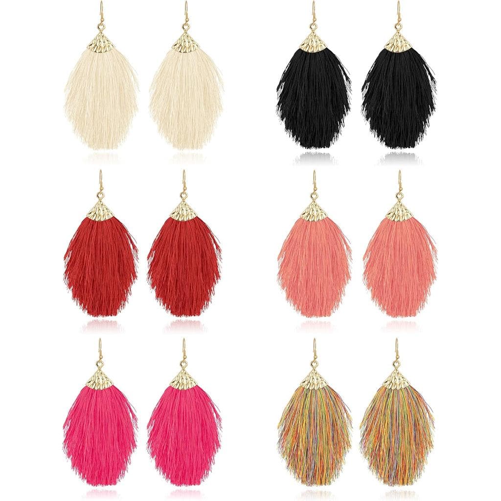 Tornito 6 Pairs Layered Tassel Statement Earrings Bohemian Multi Colors Long Feather Tiered Thread Tassel Fan Fringe Dan