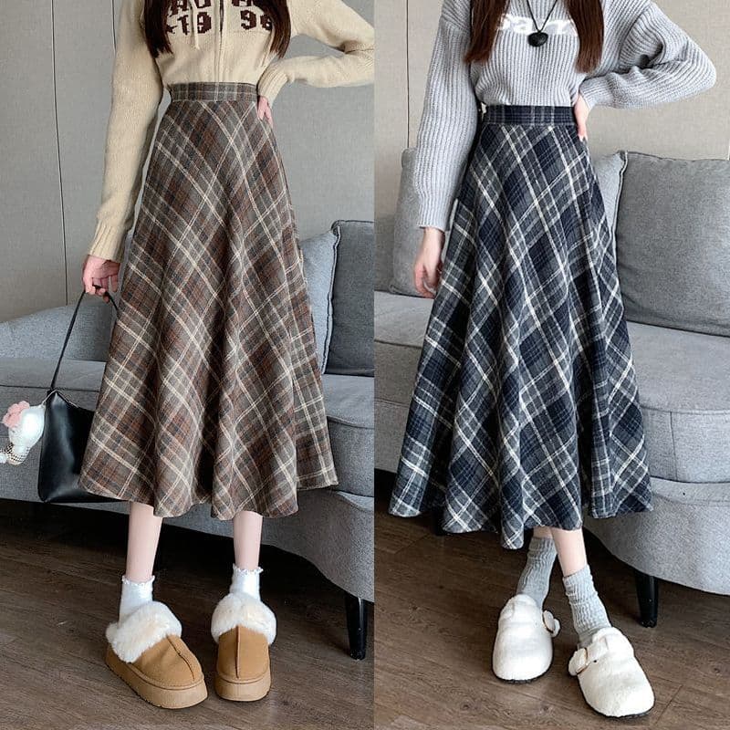 Cor de café saia xadrez de lã feminina outono inverno estilo 2025 novo estilo cintura alta mais magro olhar saia a linha