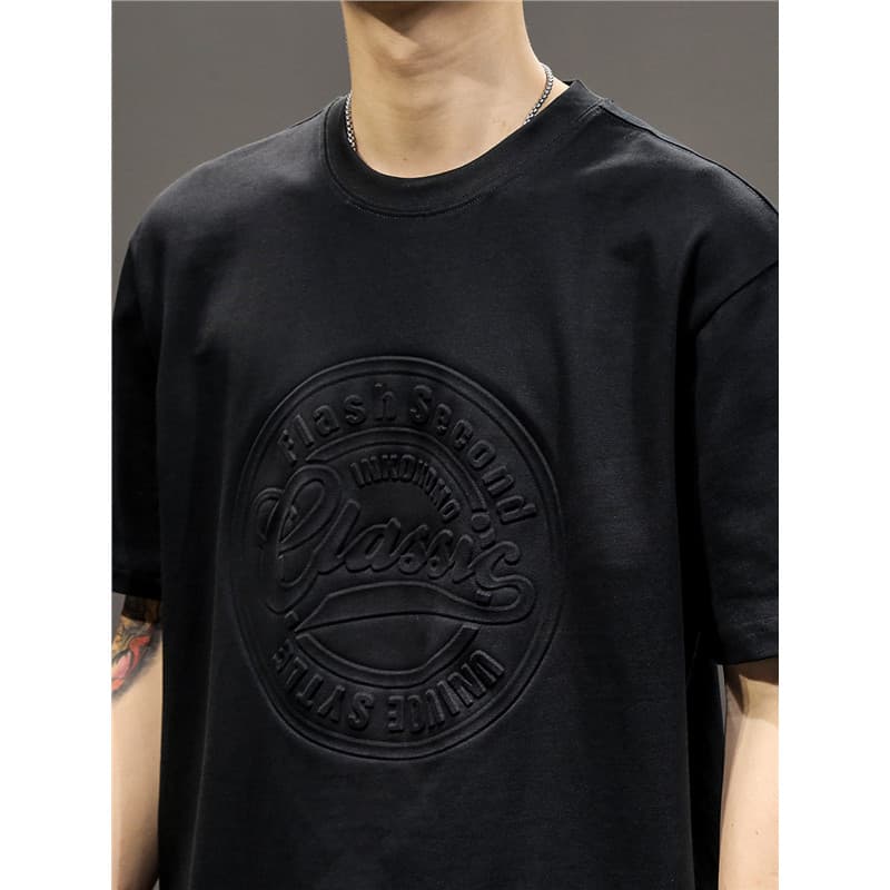 Camiseta masculina de manga curta de seda gelo pesada com colheita de vazamento verão novo estilo americano Retro solto