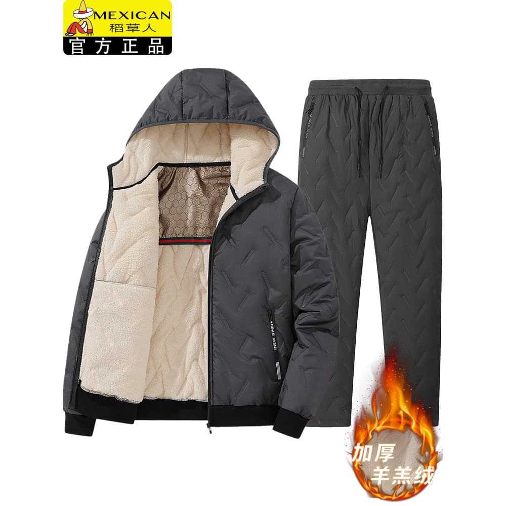 Espantalho inverno novo estilo cordeiro velo acolchoado jaqueta terno de meia-idade idosos jaqueta com capuz masculino e