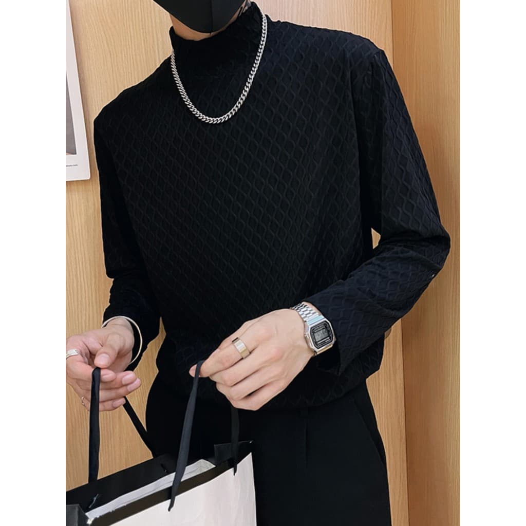 Meia gola alta de manga comprida camiseta masculina primavera verão cabeleireiro Street Wear camisa de fundo interno de