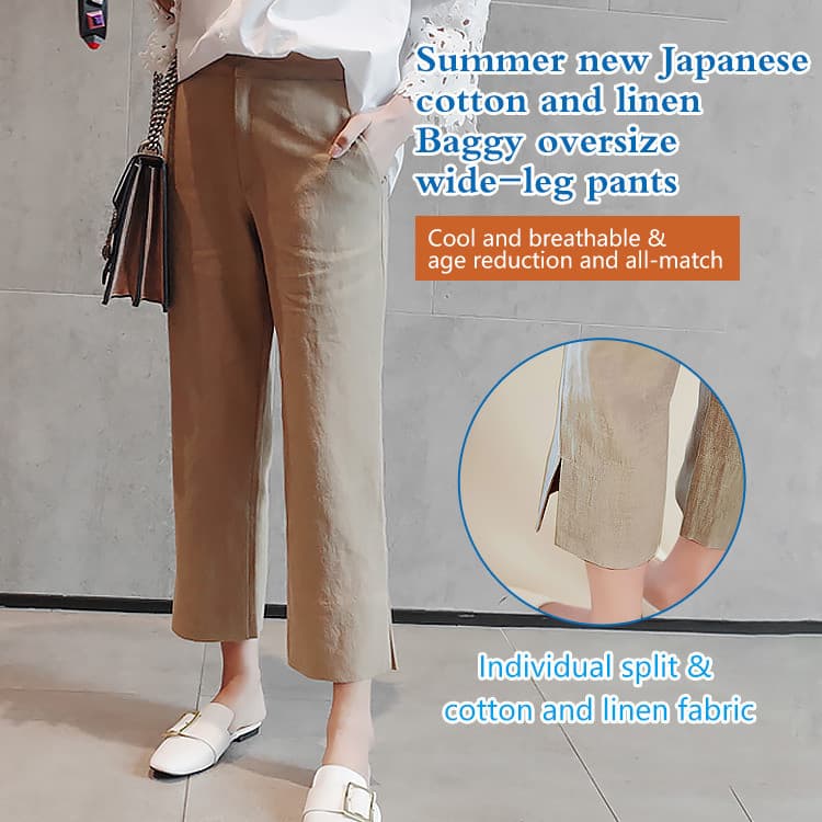 [Comfortable Fit] Quần dài chín phút bằng cotton và lanh, dáng rộng Loose Pants/High Waist/Side Split