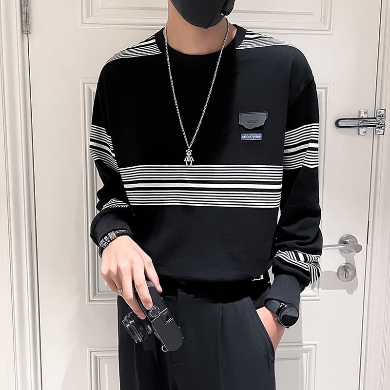 High-End em torno do pescoço moletom masculino Street Wear rufião bonito listrado de manga comprida camiseta primavera o