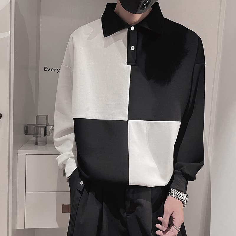 High-End contraste cor moletom masculino Street Wear rufião bonito lapela camisa POLO de manga comprida primavera outono