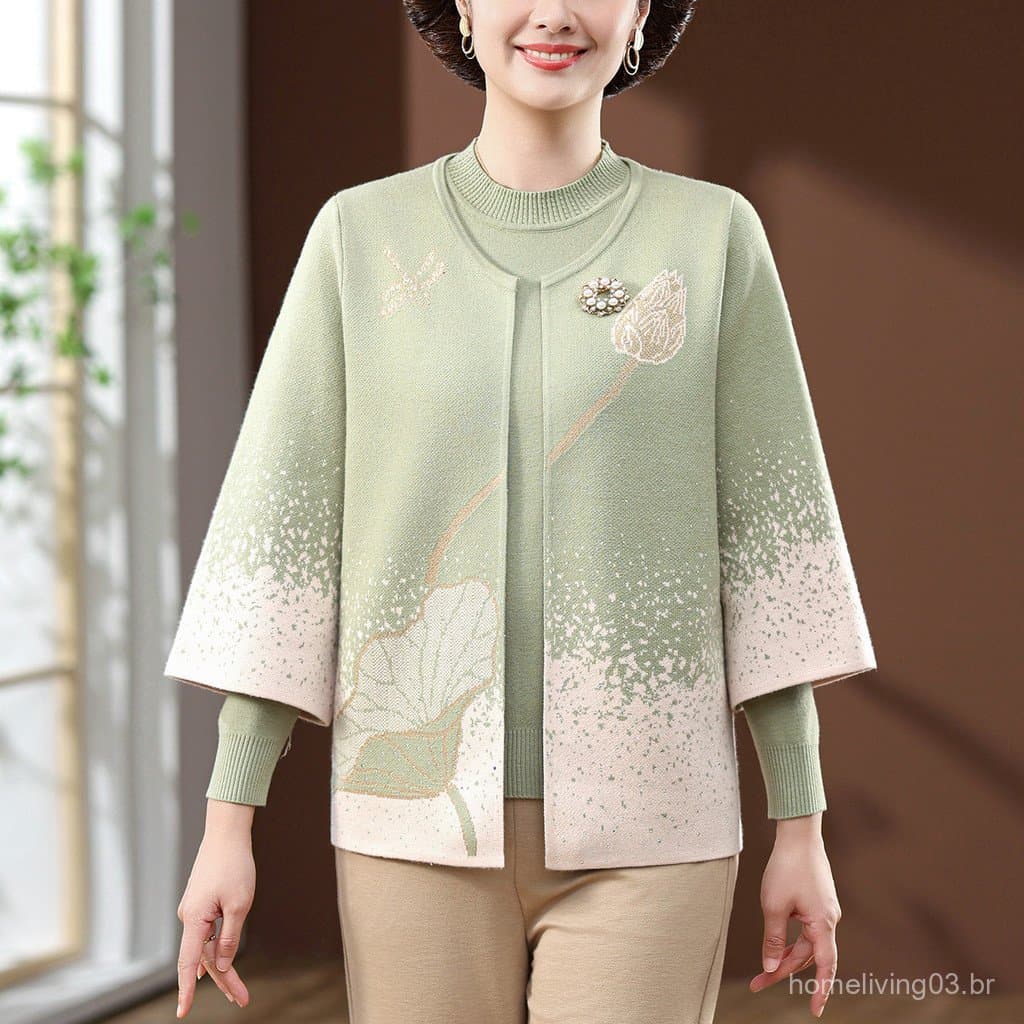 Conjunto de outono e inverno para mães, casaco de malha, roupa elegante para mulheres acima de 50 anos, blusa elegante e