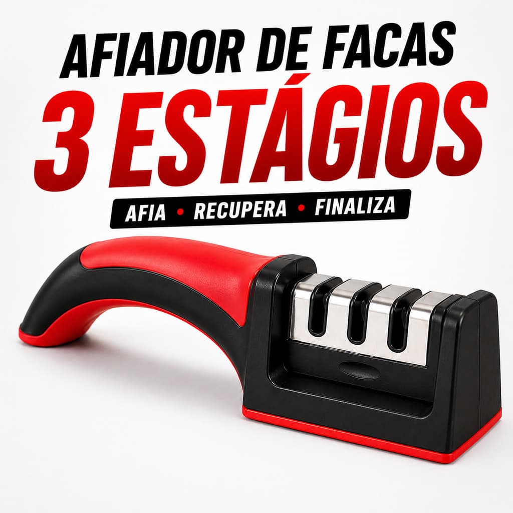 Afiador de Facas Inox 3 Estágios Profissional Amolador Manual Base Antiderrapantebras