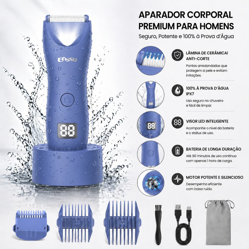 Cortador de Pelos Homem, Corpo e Íntimos, Virilha e Peito, Costas, À Prova d’Água, Base Tipo-C, LED