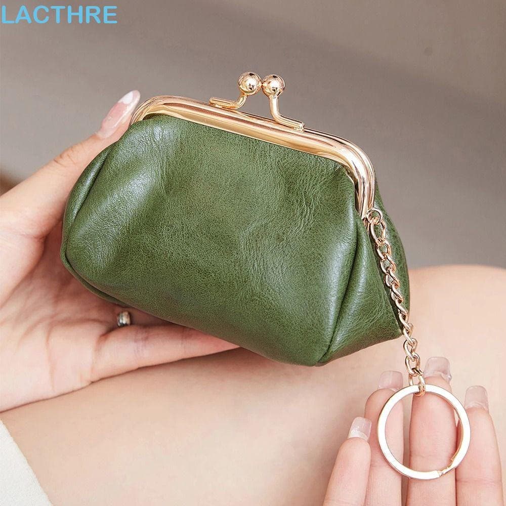 Bolsa De Moedas LACTHRE Hasp , Com Chaveiro , Carteira De Couro PU Kiss Lock Pequena , Mini De Cor Sólida