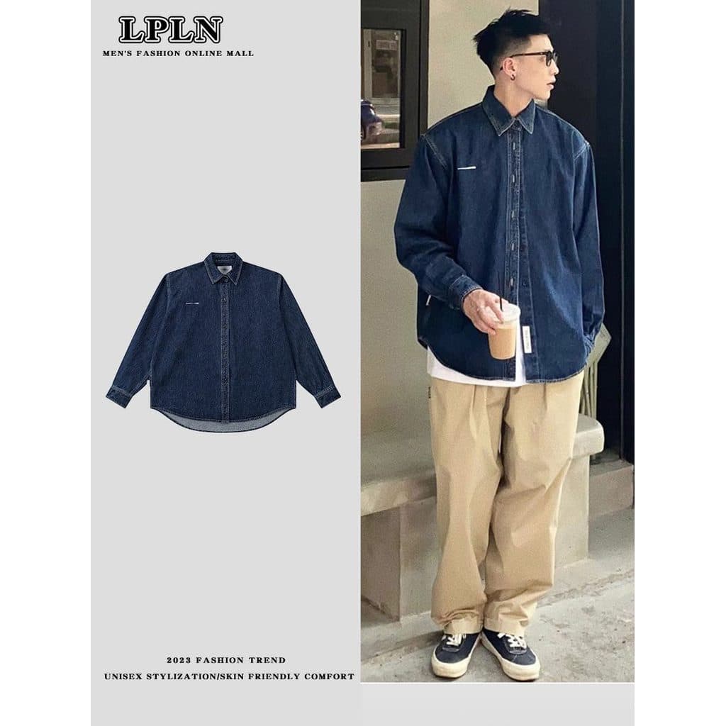 LPLN primavera outono novo estilo jaqueta jeans estilo japonês perfil solto lavado cor sólida Casual camisa de manga com