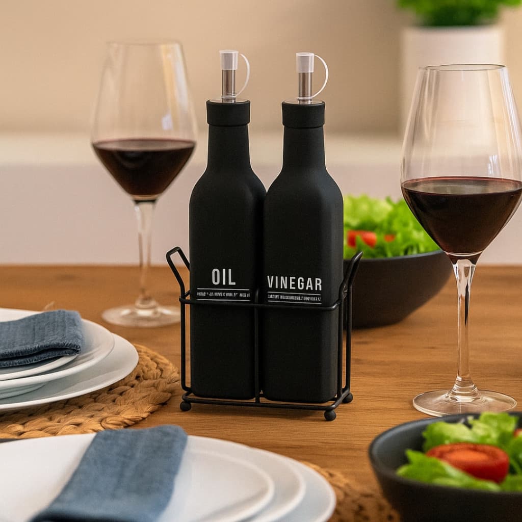 Galheteiro Luxo Preto Fosco Em Vidro Com Suporte Porta Azeite Vinagre Bico Dosador Azeiteiro Vinagreiro - PREMIUM/