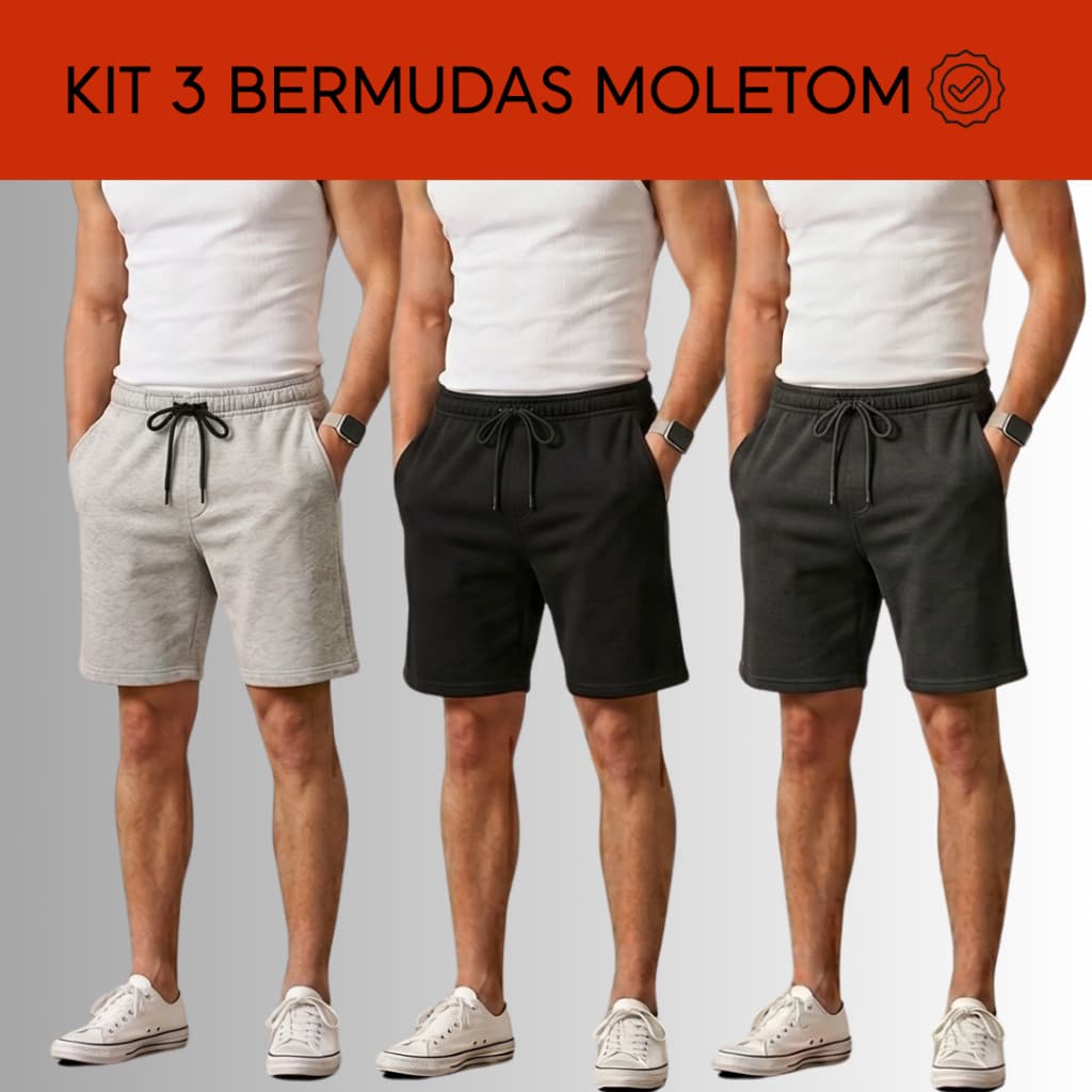 Kit 3 Bermudas De Moletom Premium Masculina Moletinho Com Bolso E Amarração