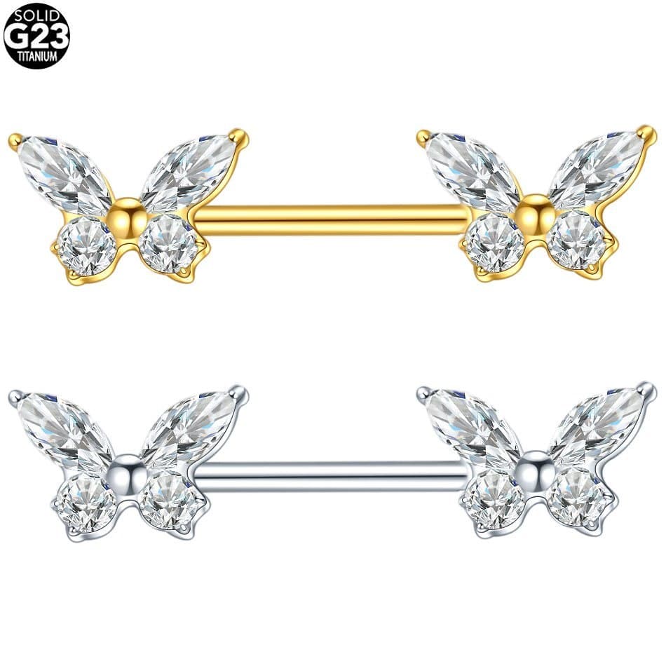 Piercing Mamilo Titânio G23 Borboleta Zircônia Push Pin Par