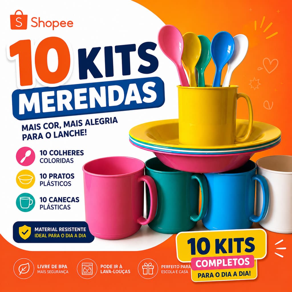 10 kit merenda refeição lanche escolar caneca 375ml prato colher colorido infantil de plástico resistente escola creche