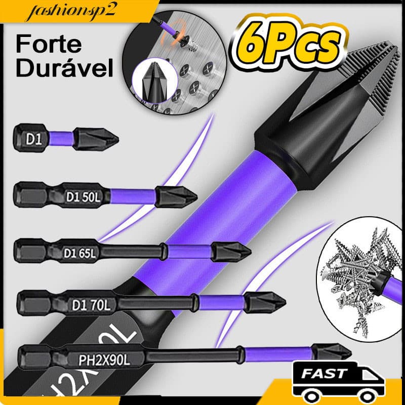 Kit 6 Pontas Bits Magnética Ponteira Imantada Philips Antiderrapante Ph2 Aço Duro S2 Parafusadeiras