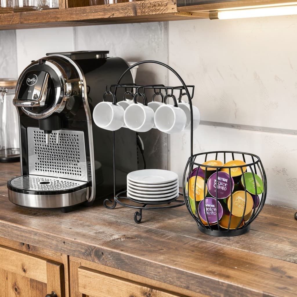 Organizador Porta Xícaras e Pires 6 Ganchos + Porta Cápsulas de Café Universal
