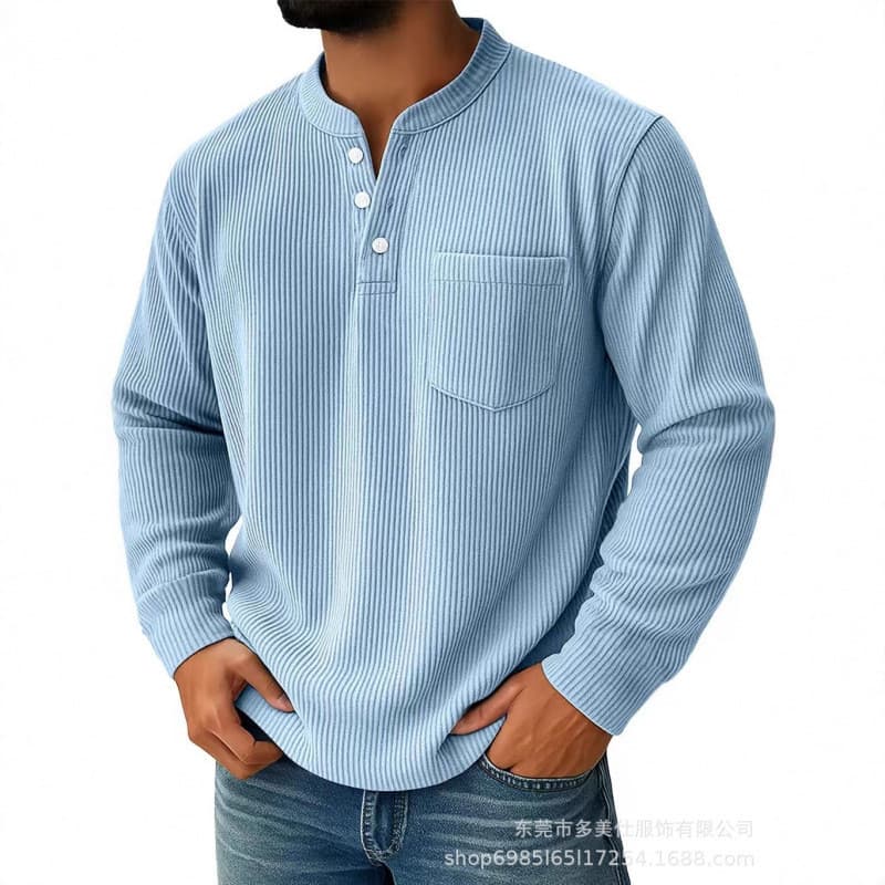 Nova cor sólida veludo três botões gola Henry camisa polo masculina de manga comprida
