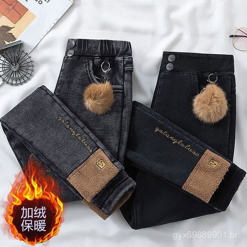 Calças Jeans Femininas de Cintura Alta Forradas com Fleece, Ajuste Slim, Modelo Lápis, Nova Coleção Outono Inverno 2024