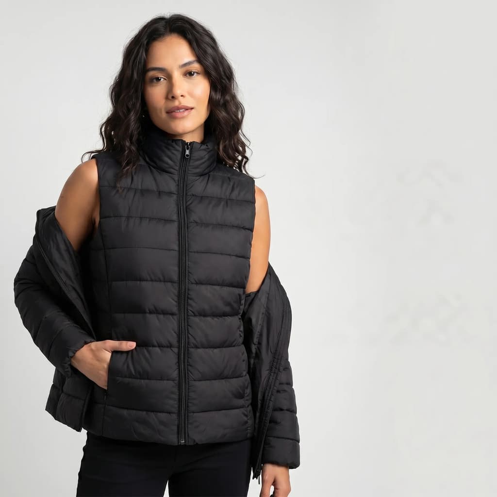Jaqueta Feminina Puffer Que Vira Colete 2 Em 1 Com Zíper
