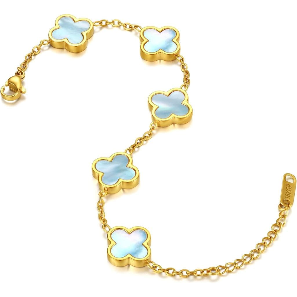 Pulseira de Trevo de Quatro Folhas em Madrepérola Genuína, Joia Delicada Banhada a Ouro 18K, Presente Amuleto da Sorte p