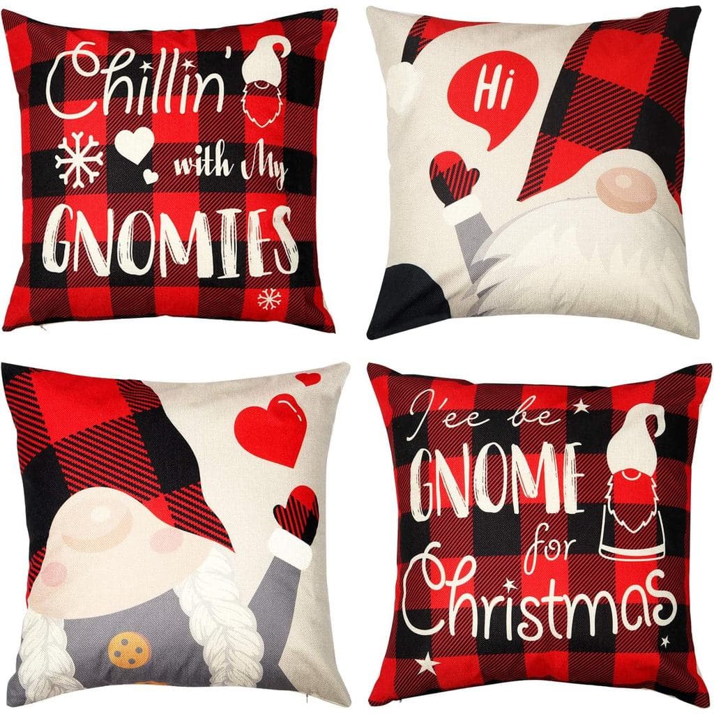 Capas de Almofada de Natal D-FantiX Gnome 18x18, Conjunto de 4, Capas de Almofada Decorativas para Decoração de Natal, C