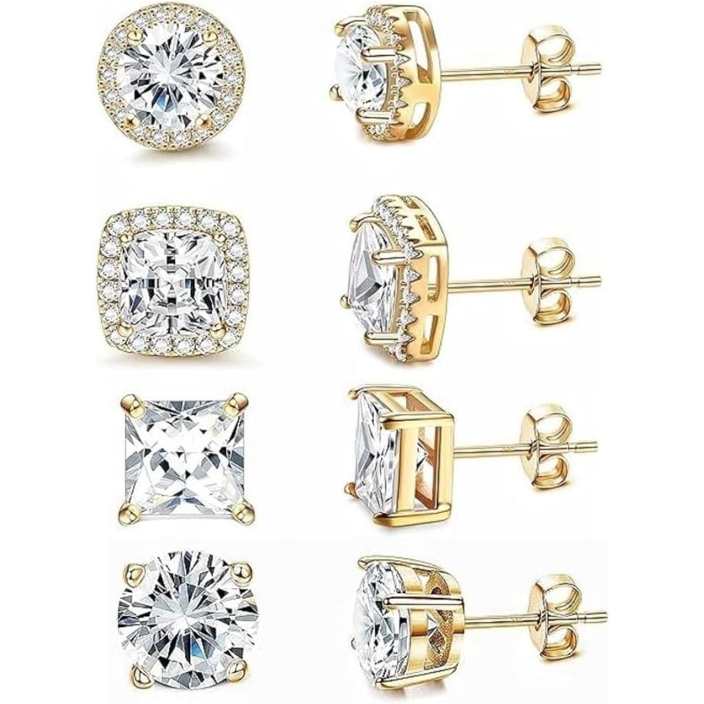 Brincos de Zircônia Cúbica Simulada em Forma de Diamante com Halo, Banhados a Ouro Branco 18K (4 Pares)