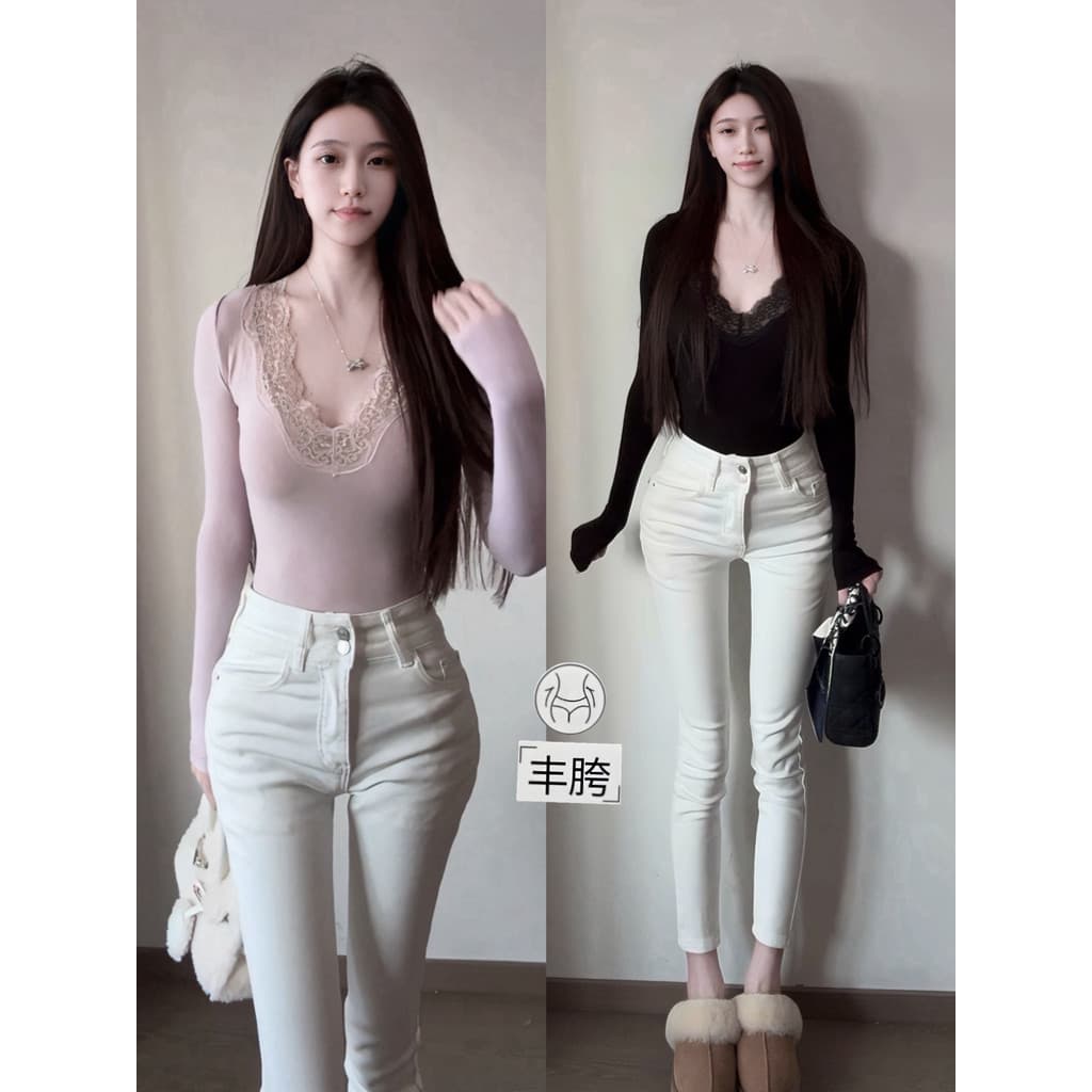 [Mulher coreana Feel Sweet Desire entrelaçada] Jeans de lã com virilha acolchoada com botão duplo + renda de malha V @-