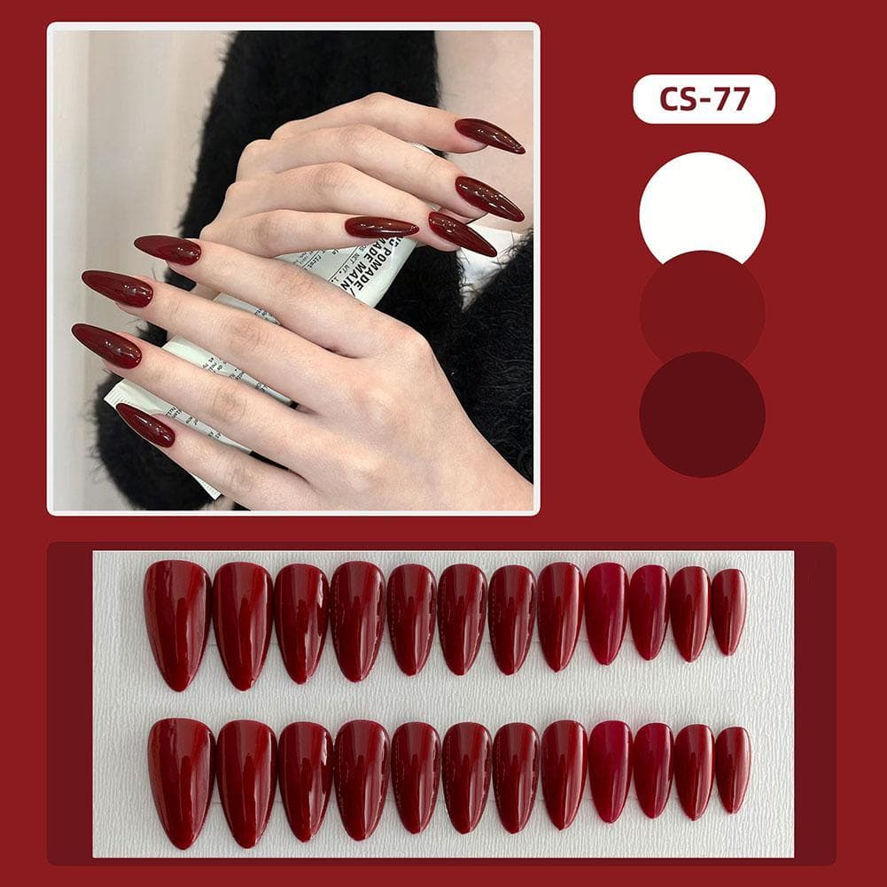 24 Pçs/Set Vinho Vermelho Unhas Postiças Artesanais Longas Ballet Ouro Glitter Removíveis Acrílico Em