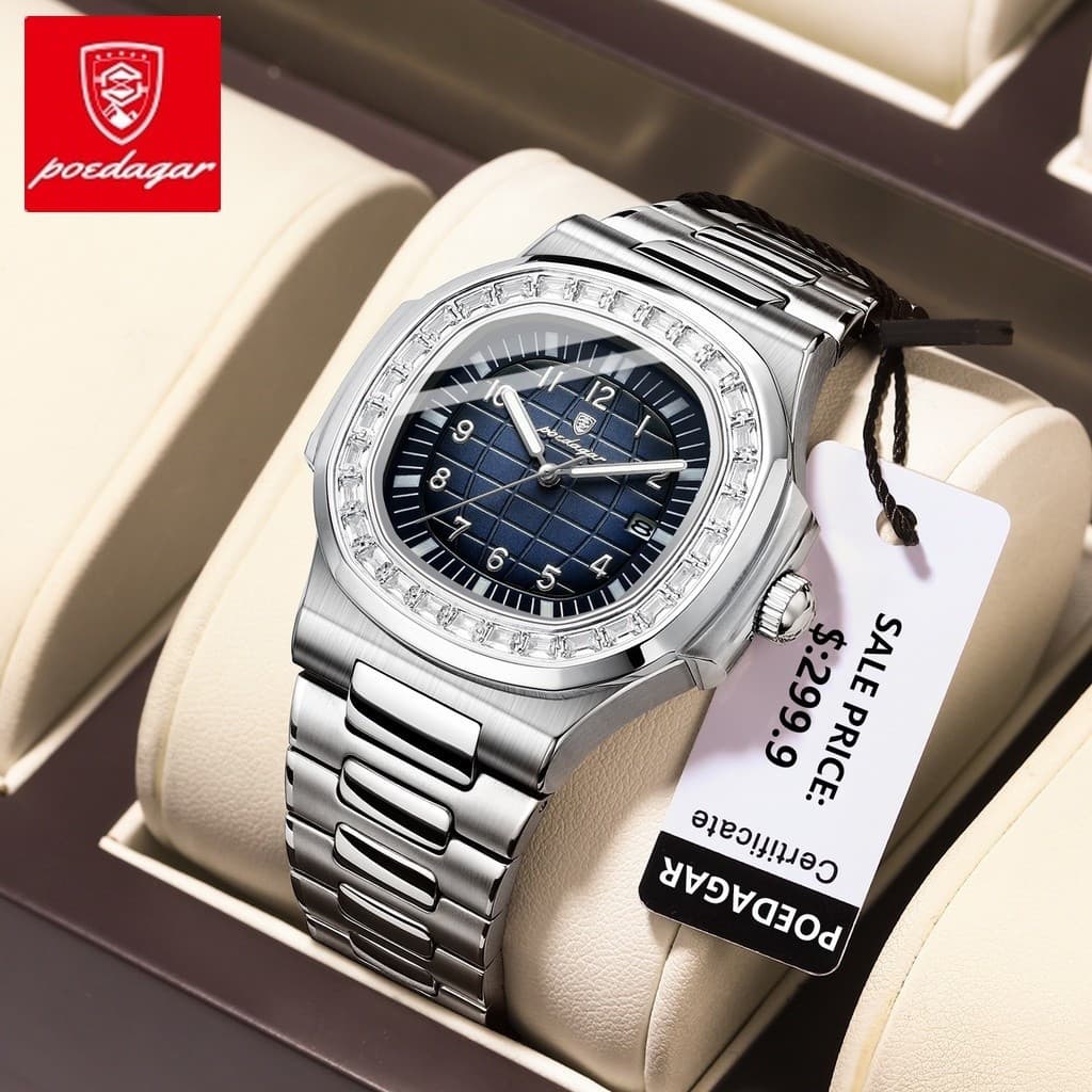Relógio de Pulso Masculino Luxuoso POEDAGAR, Quadrado, Luminoso, à Prova d'Água, Quartzo, Aço Inoxidável, Casual