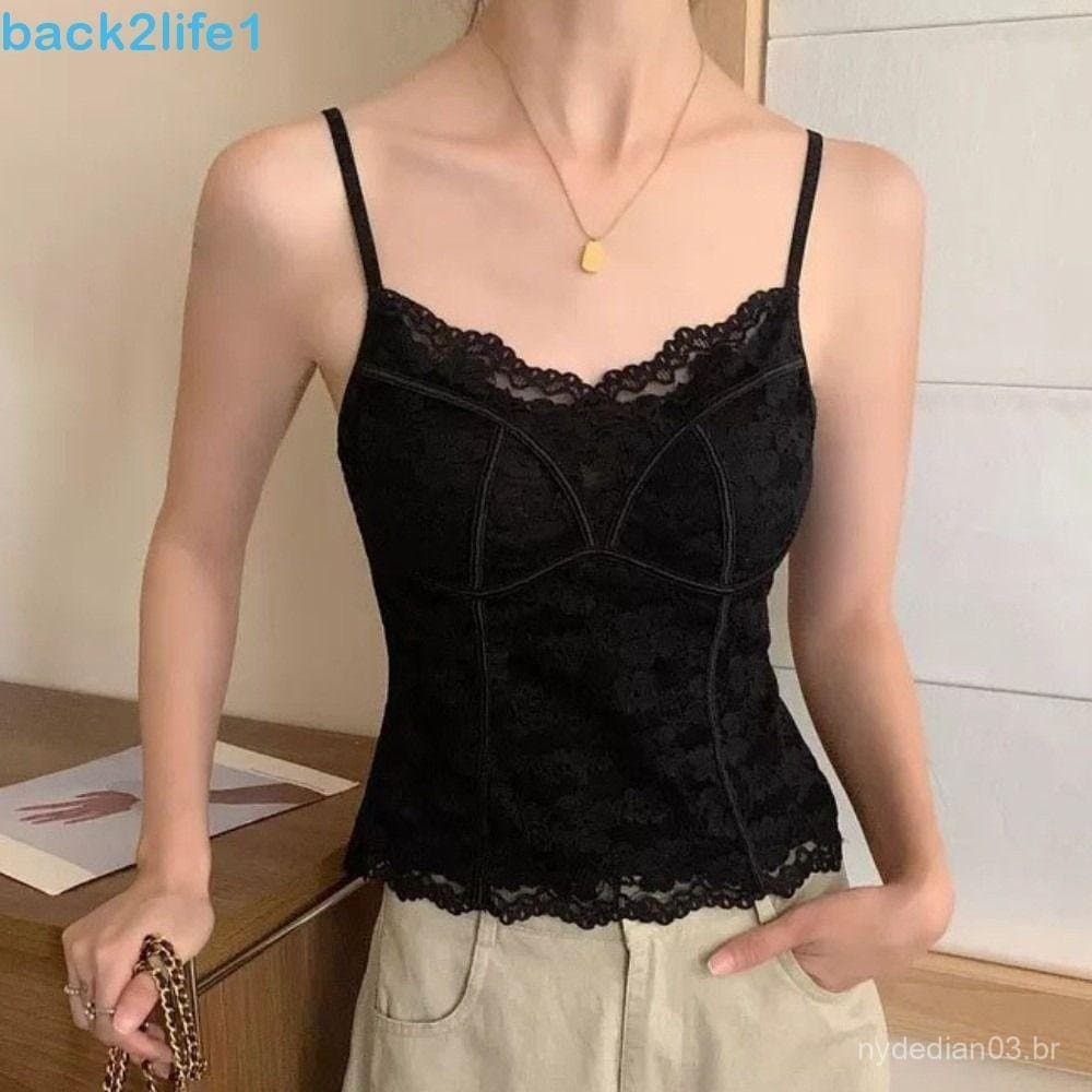 BACK2LIFE1 Top Fino De Renda , Colete De Malha Flor Doce Para Meninas , Camisola Picante Estilo Com Decote Em V Almofada