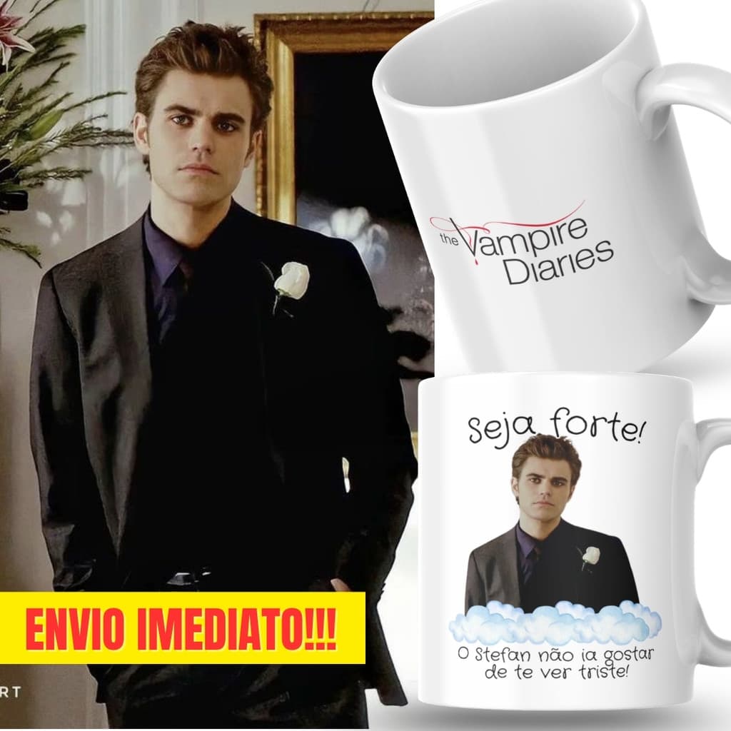 Caneca Xicara Porcelana 325ml Seja Forte Stefan Salvatore TVD Personalizada Presente Decoração Casa