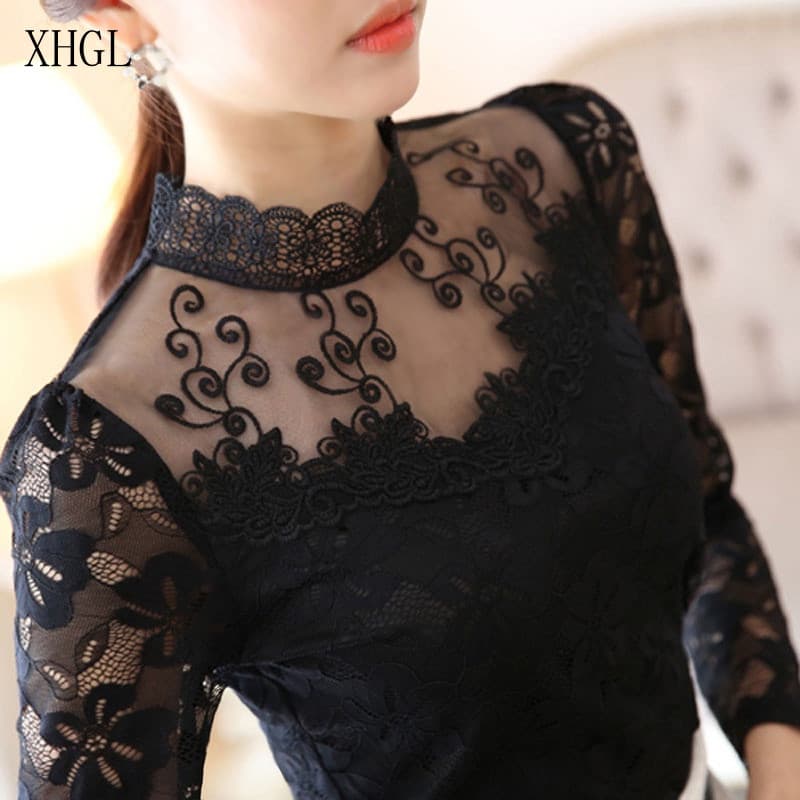 Blusa Elegante de Renda para Mulheres, Manga Longa, Estilo Coreano, Slim, Preta, Nova Camisa Básica A325