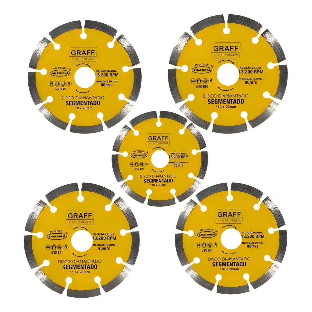 Kit 5 Discos Corte Diamantado Segmentado 110mm X 20mm 4.3/8
