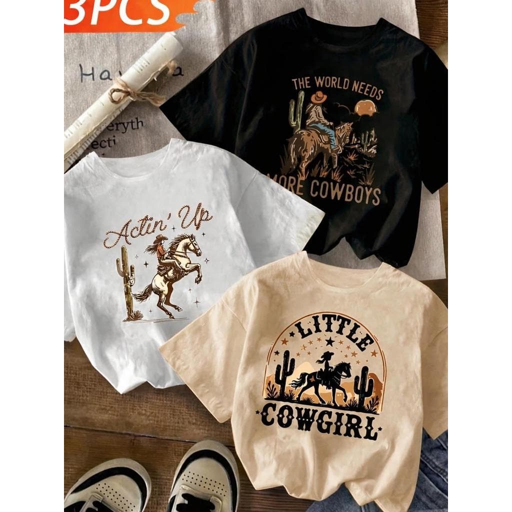 Kit 3 Camiseta Blusinha Feminina Algodão Premium Adulto Plus Size Infantil Casual CowGirl Cavalos country Little M05