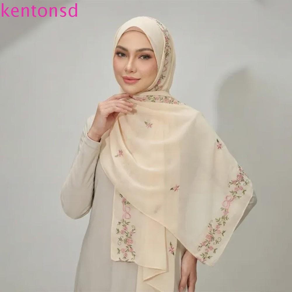 Lenço Longo KENTONSD , Floral Estilo Étnico De Cor Sólida Muçulmano Bordado Fino De Malha
