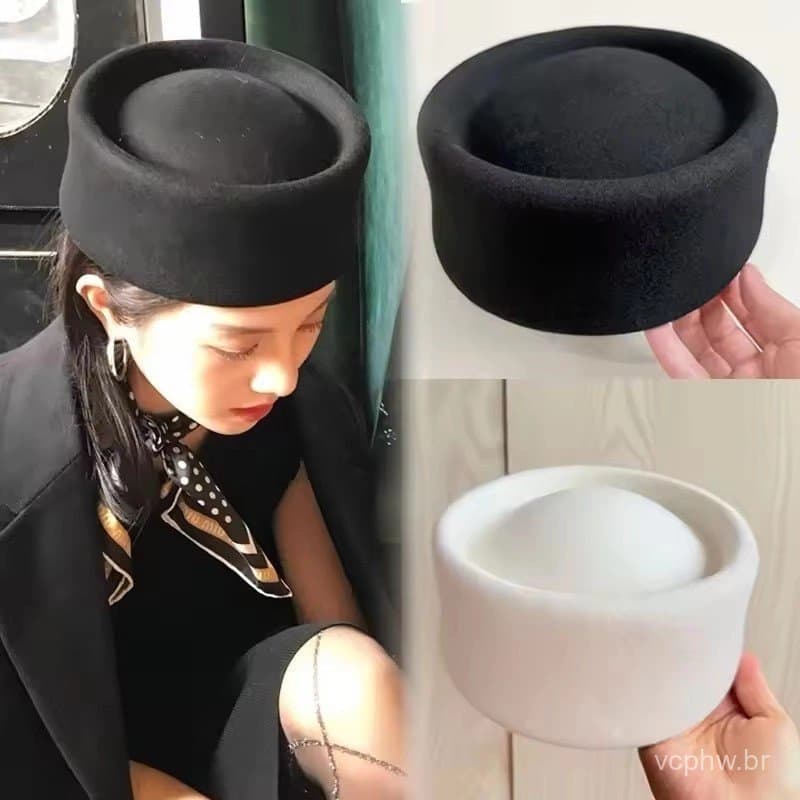 Moda Francesa Preto Branco Côncavo Boinas Femininas Elegantes All-match Lã Feltro Pillbox Chapéus Para Festa