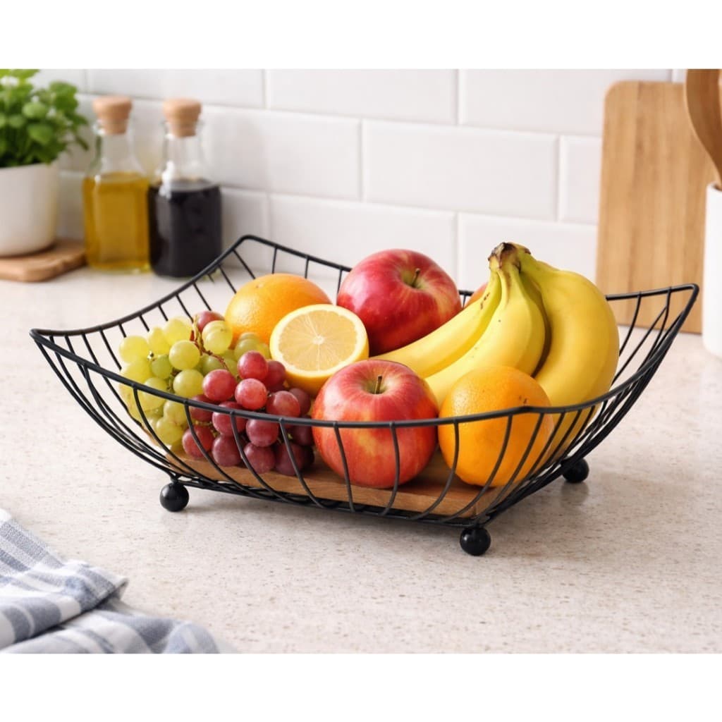 Fruteira de Metal Quadrada com Base de Madeira - Moderna, Elegante, Prática