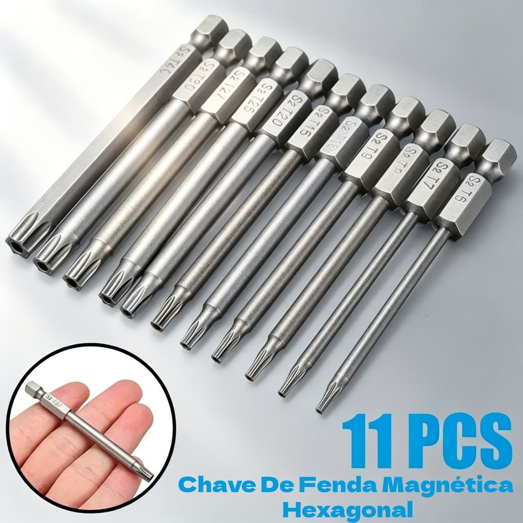KIT 11/12 PÇS PONTAS TORX MAGNÉTICAS S2, 50/75/100MM, PARA PARAFUSADEIRA E FURADEIRA 1/4"