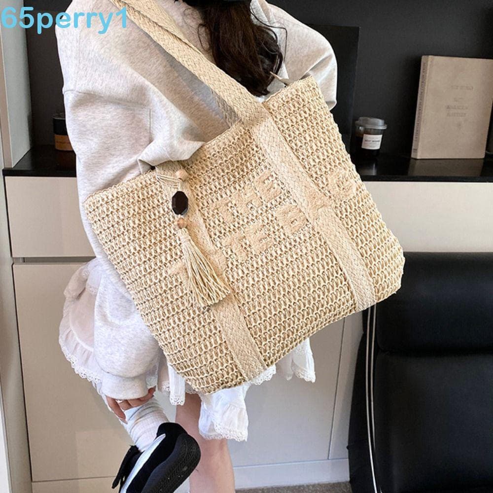PERRY1 Bolsa Tote Tecida , De Ombro Casual De Palha Boêmia , Portátil Com Borla Compras Feminina