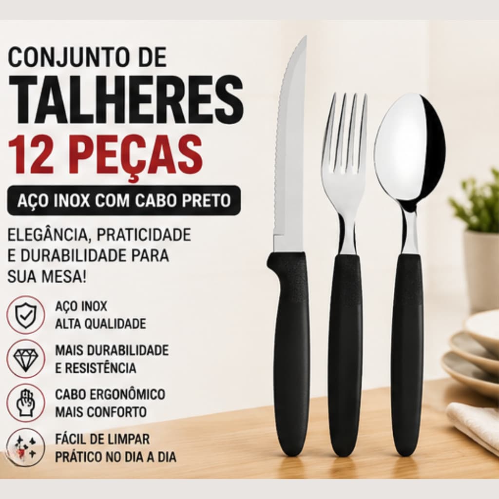 Conjunto De Talheres Em Inox 12 Peças Cabo Preto Resistente
